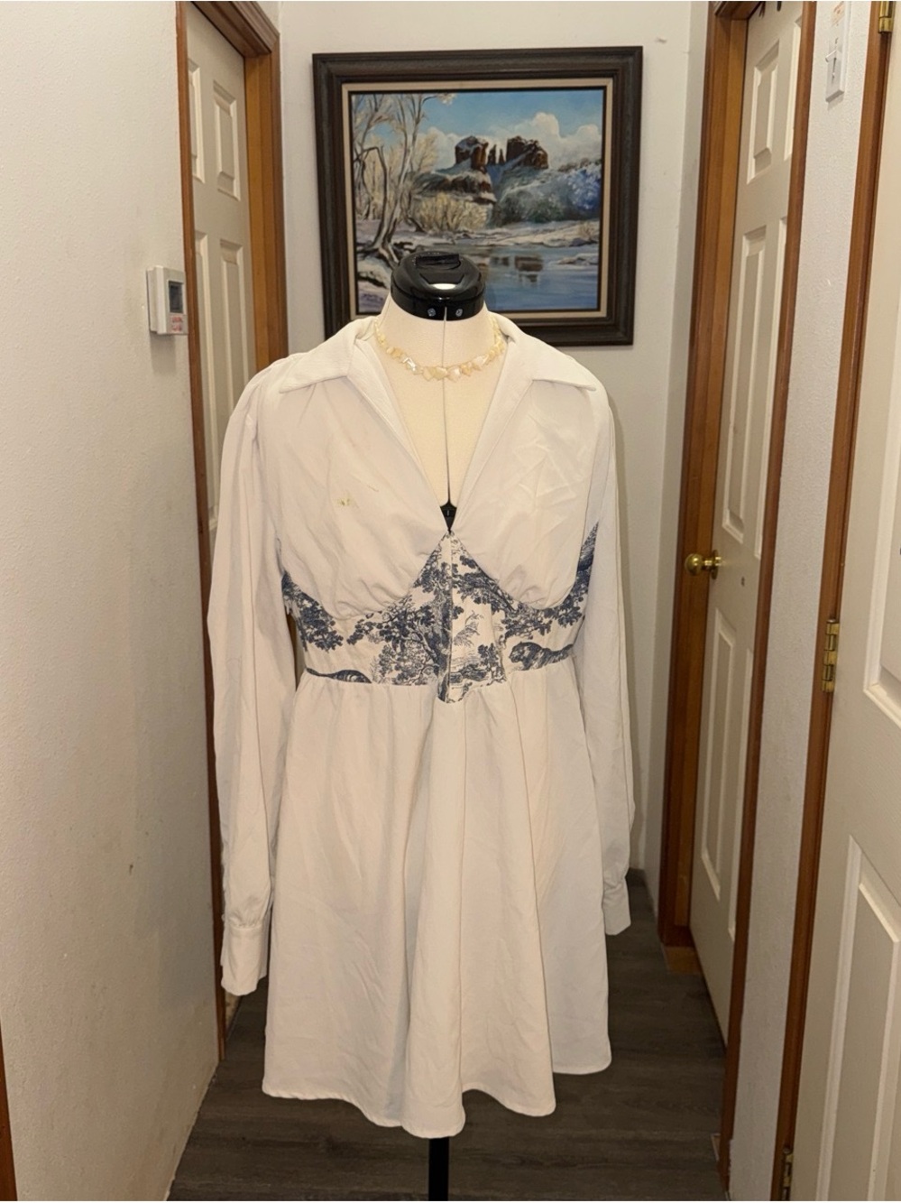 Cider White Long-Sleeve Shirt Dress with Blue Floral Waist